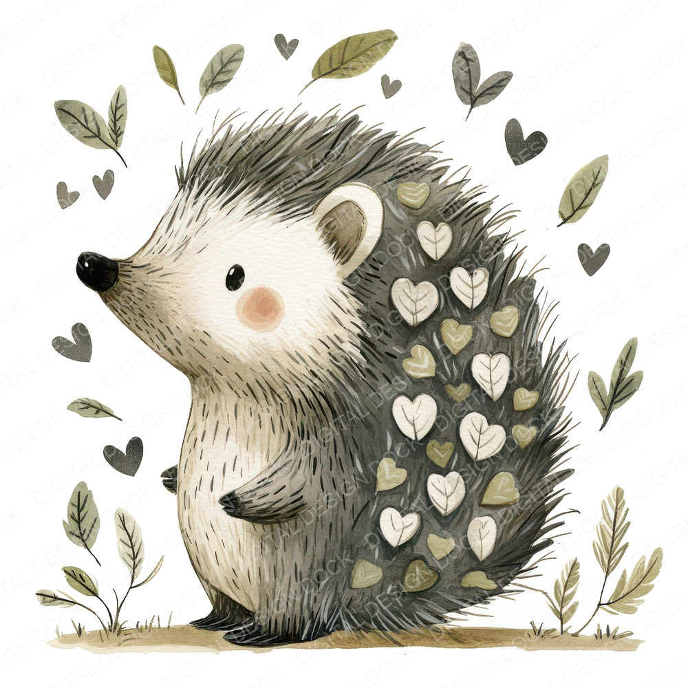 Folk Hedgehog with Leaves B fussy cut sheet in US Letter format showing all 12 designs on one printable page