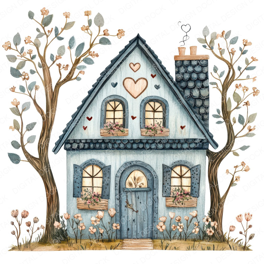 Folk House with Florals fussy cut sheet in A4 format showing all 12 designs on one printable page
