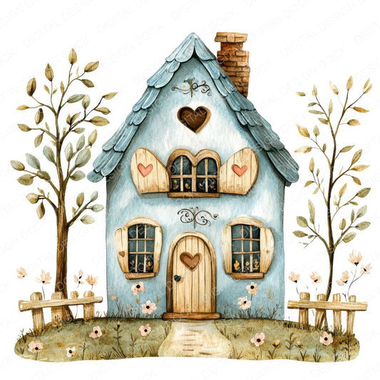 Folk House with Florals fussy cut sheet in US Letter format showing all 12 designs on one printable page