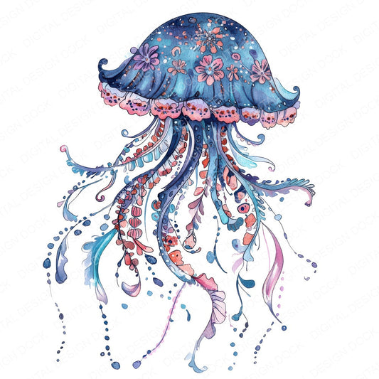 Folk Jellyfish with Florals fussy cut sheet in A4 format showing all 12 designs on one printable page