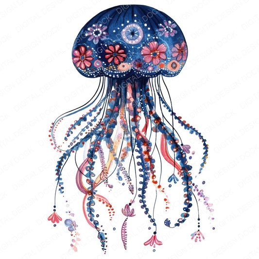 Folk Jellyfish with Florals fussy cut sheet in US Letter format showing all 12 designs on one printable page