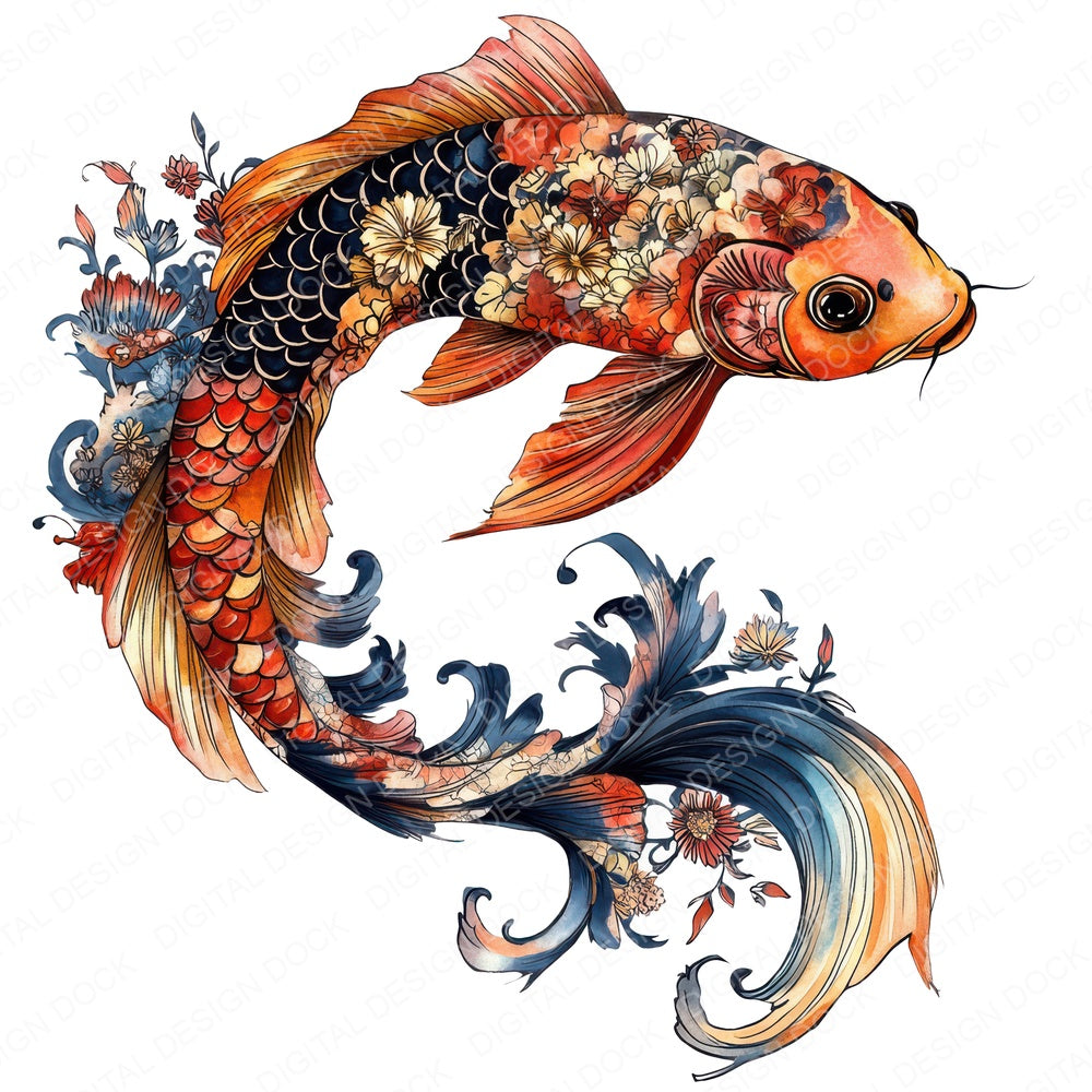 Folk Koi with Florals fussy cut sheet in A4 format showing all 12 designs on one printable page