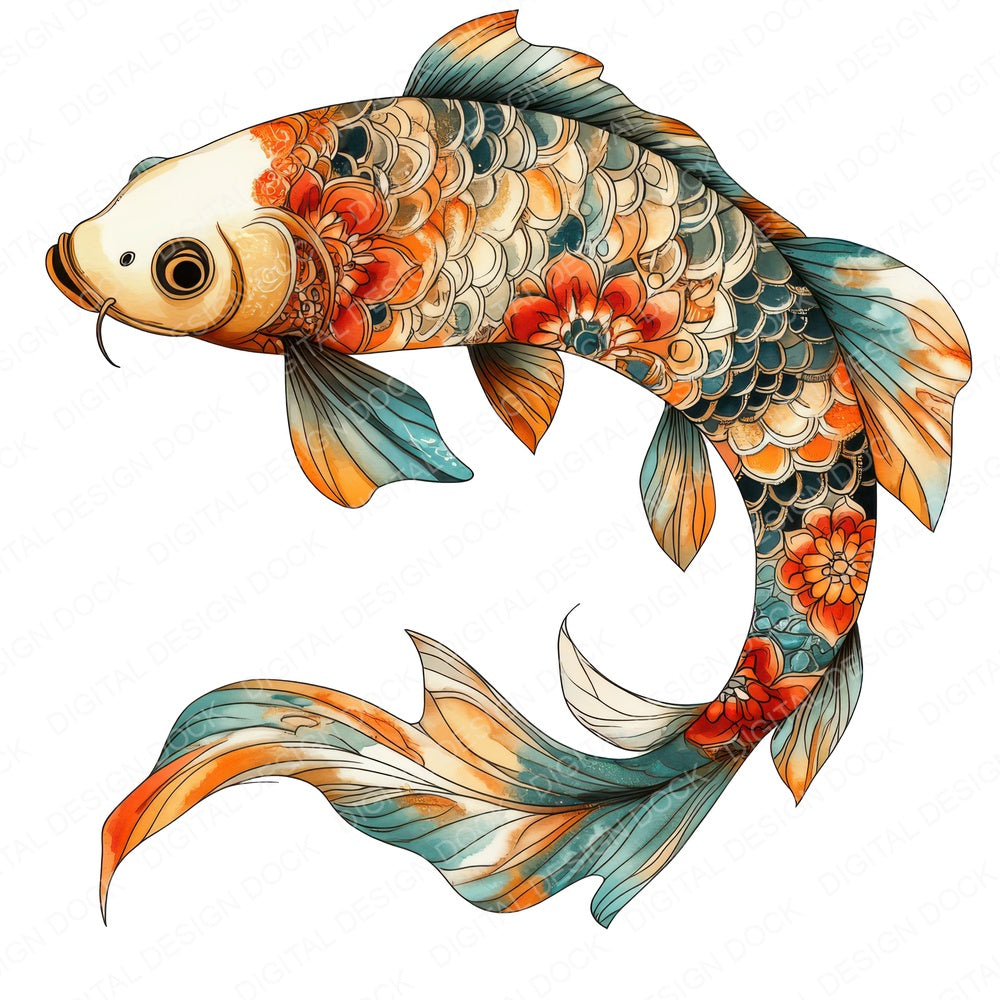 Folk Koi with Lotus fussy cut sheet in A4 format showing all 12 designs on one printable page