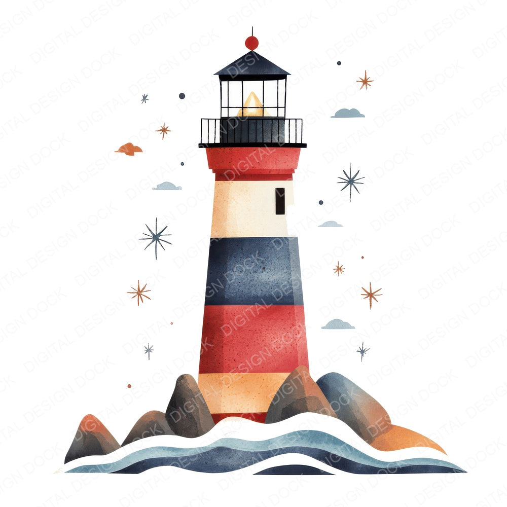 Folk Lighthouse and Waves fussy cut sheet in A4 format showing all 12 designs on one printable page