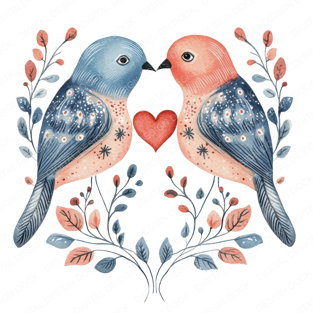 Folk Lovebirds Heart Tail fussy cut sheet in A4 format showing all 12 designs on one printable page