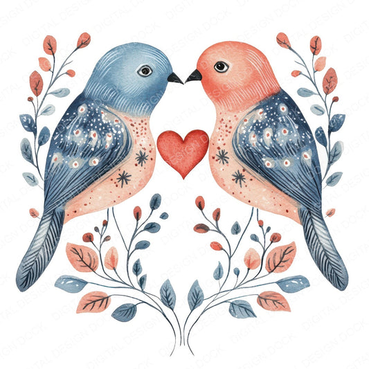 Folk Lovebirds Heart Tail fussy cut sheet in A4 format showing all 12 designs on one printable page