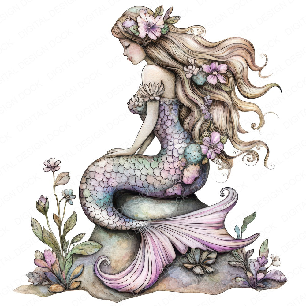 Folk Mermaid on Rock fussy cut sheet in A4 format showing all 12 designs on one printable page