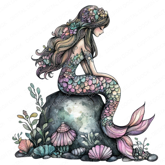 Folk Mermaid on Rock fussy cut sheet in US Letter format showing all 12 designs on one printable page