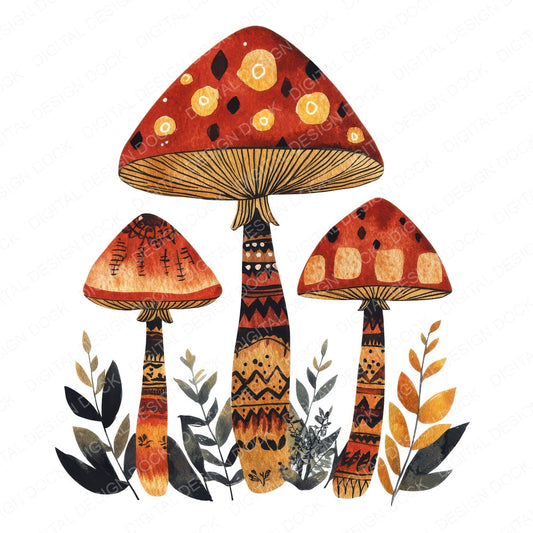 Folk Mushroom Trio fussy cut sheet in A4 format showing all 12 designs on one printable page