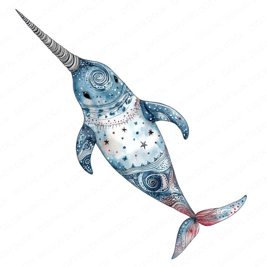 Folk Narwhal with Stars fussy cut sheet in A4 format showing all 12 designs on one printable page