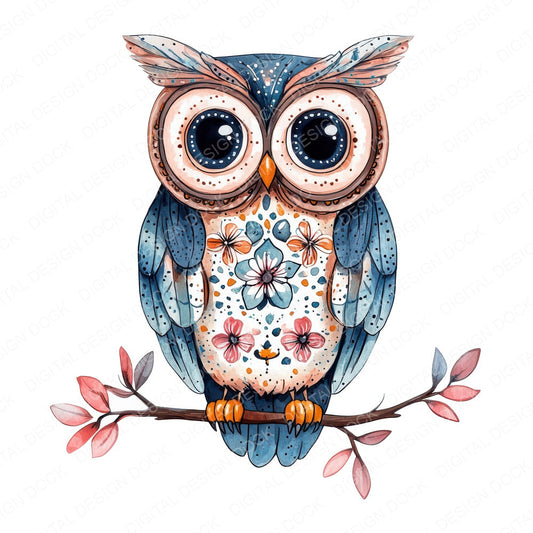 Folk Owl on Branch A fussy cut sheet in A4 format showing all 12 designs on one printable page