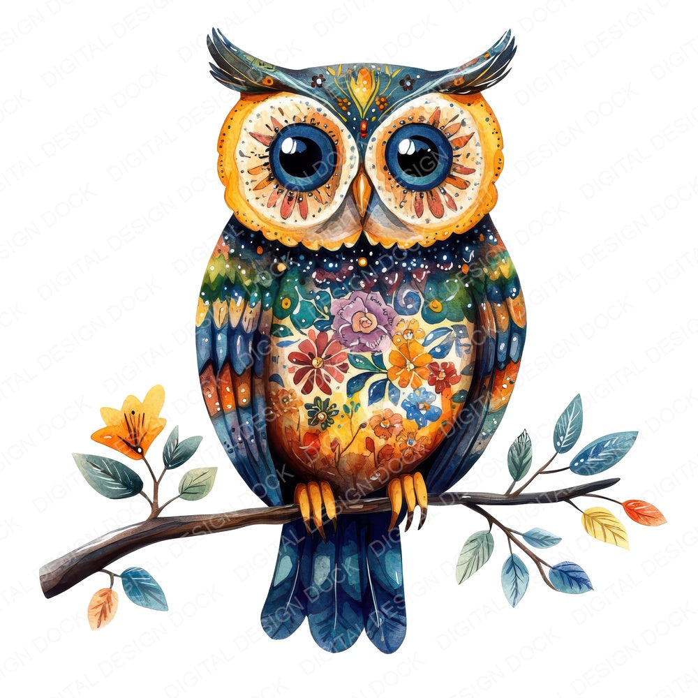 Folk Owl on Branch A fussy cut sheet in US Letter format showing all 12 designs on one printable page