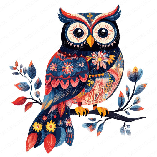 Folk Owl on Branch B fussy cut sheet in US Letter format showing all 12 designs on one printable page