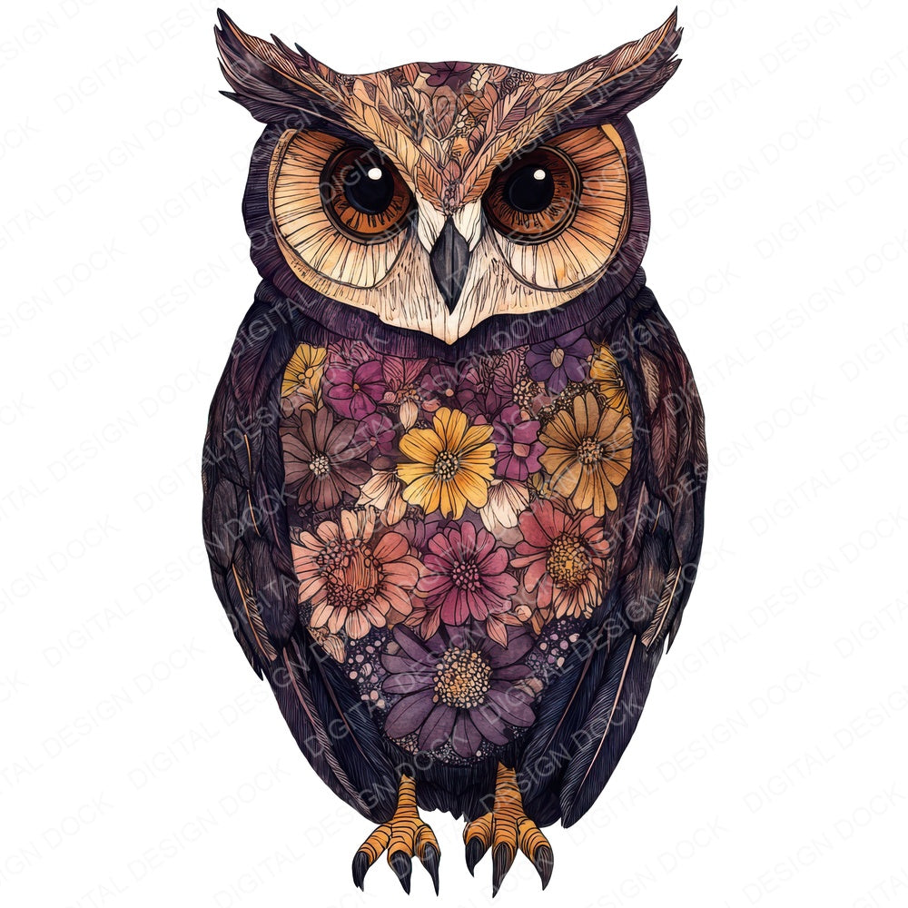 Folk Owl with Florals fussy cut sheet in A4 format showing all 12 designs on one printable page
