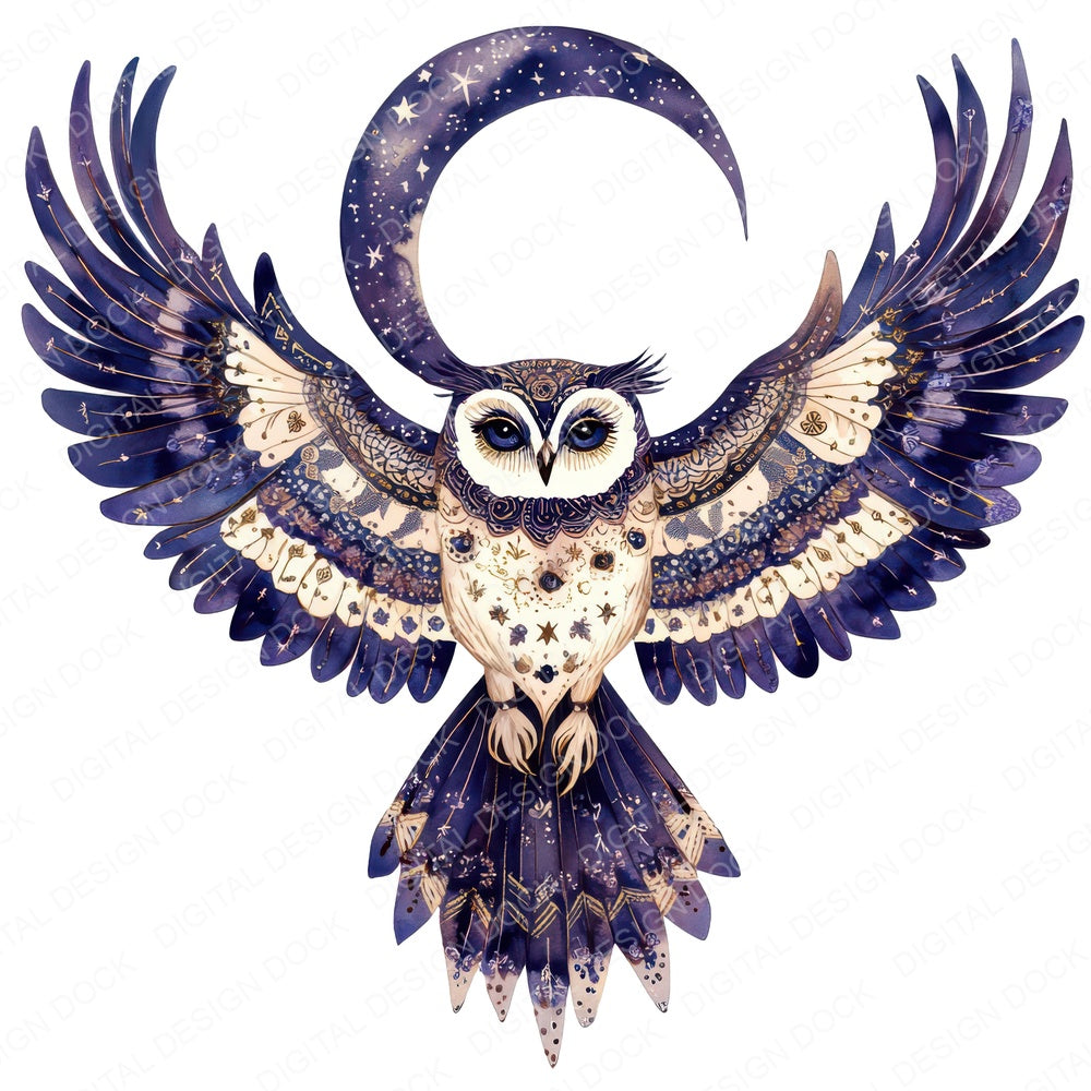 Folk Owl with Moon fussy cut sheet in A4 format showing all 12 designs on one printable page