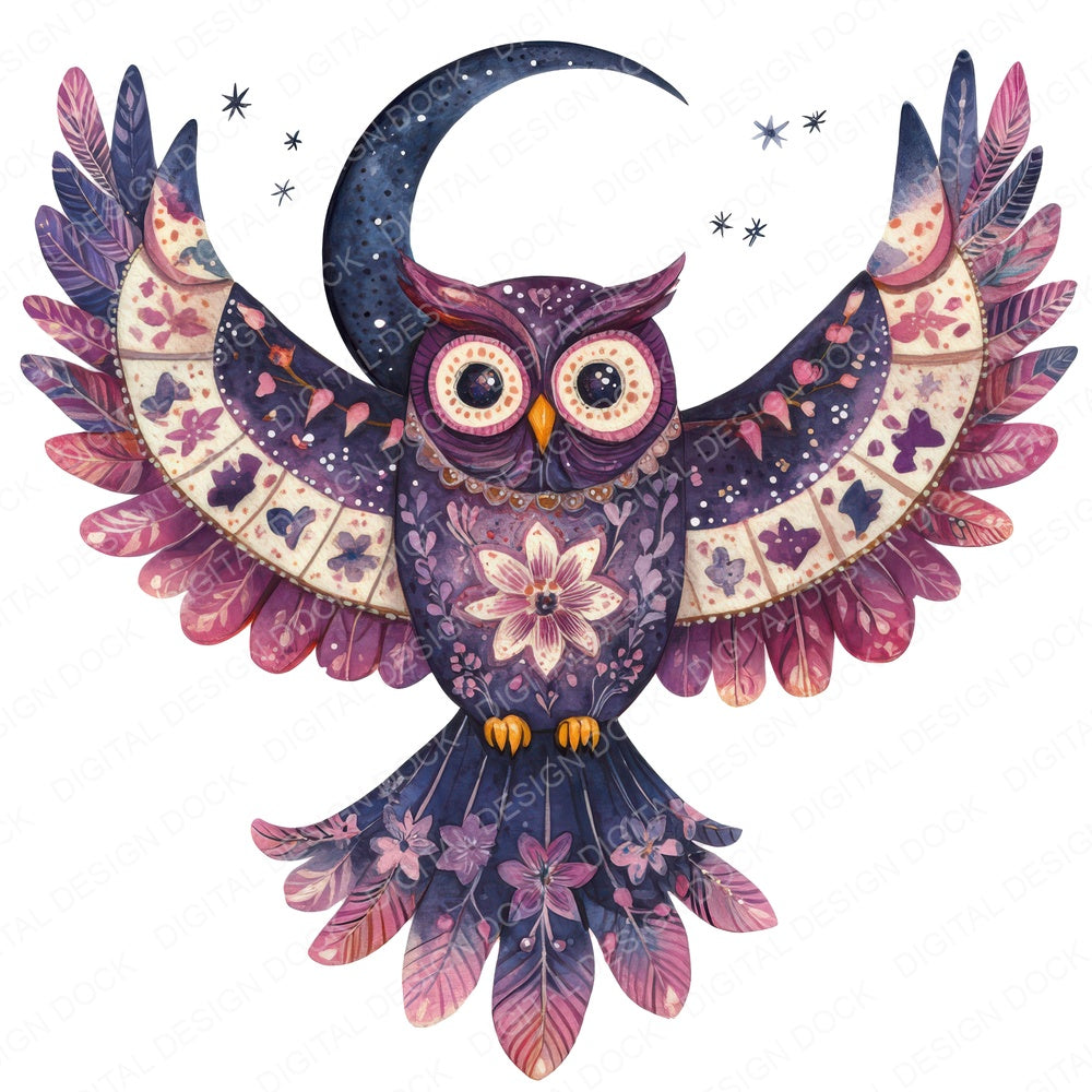 Folk Owl with Moon fussy cut sheet in US Letter format showing all 12 designs on one printable page