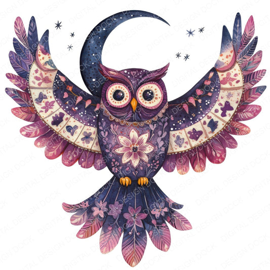 Folk Owl with Moon fussy cut sheet in US Letter format showing all 12 designs on one printable page