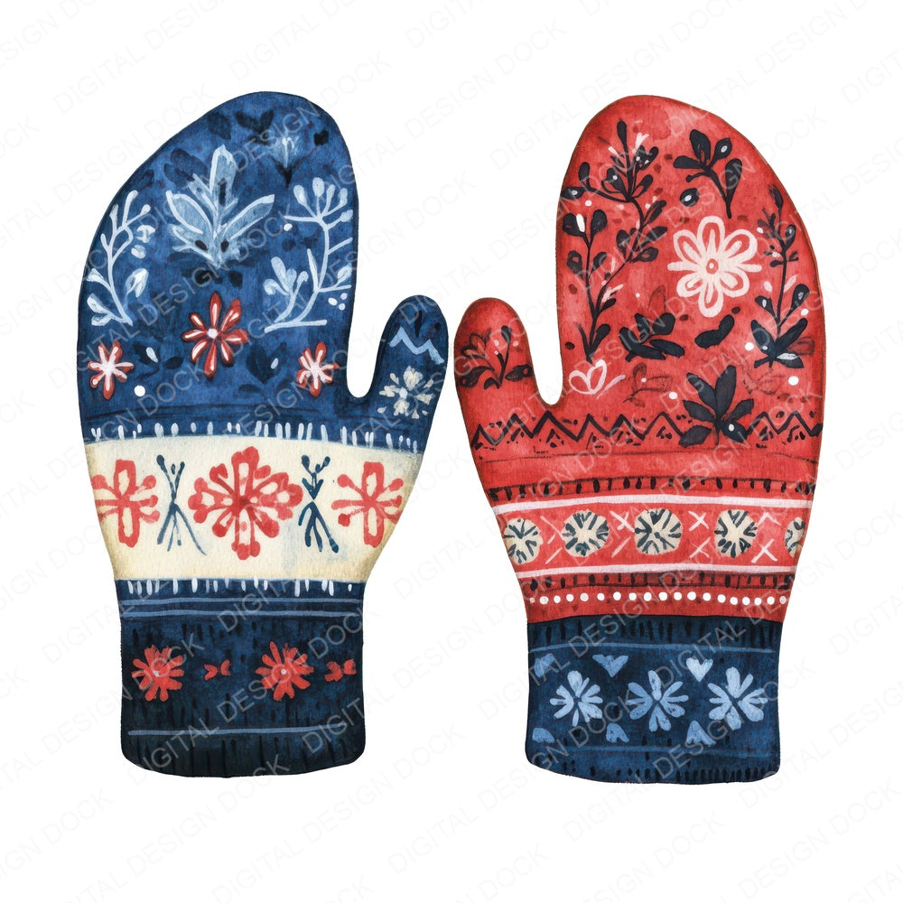 Folk Pattern Mittens fussy cut sheet in A4 format showing all 12 designs on one printable page