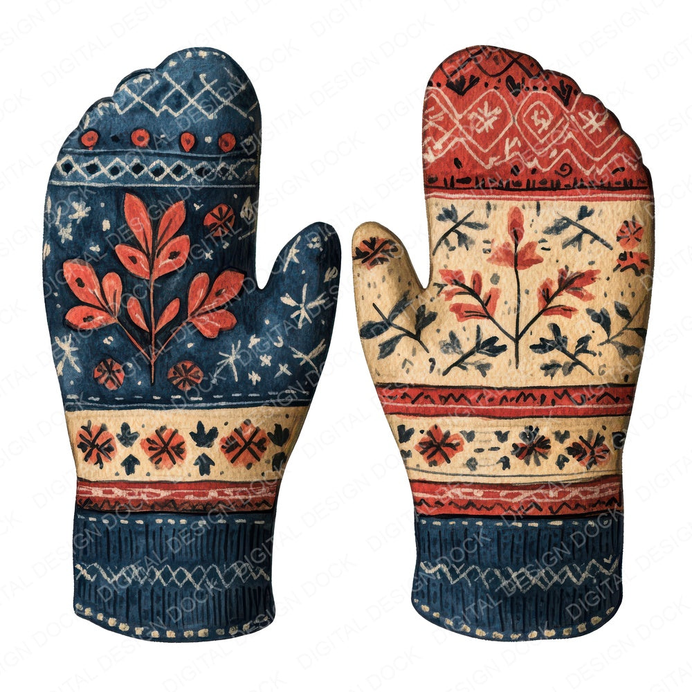 Folk Pattern Mittens fussy cut sheet in US Letter format showing all 12 designs on one printable page