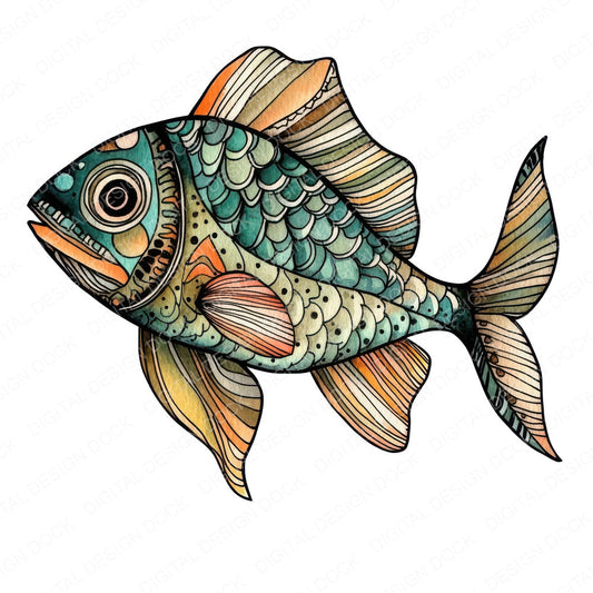 Folk Patterned Fish fussy cut sheet in A4 format showing all 12 designs on one printable page