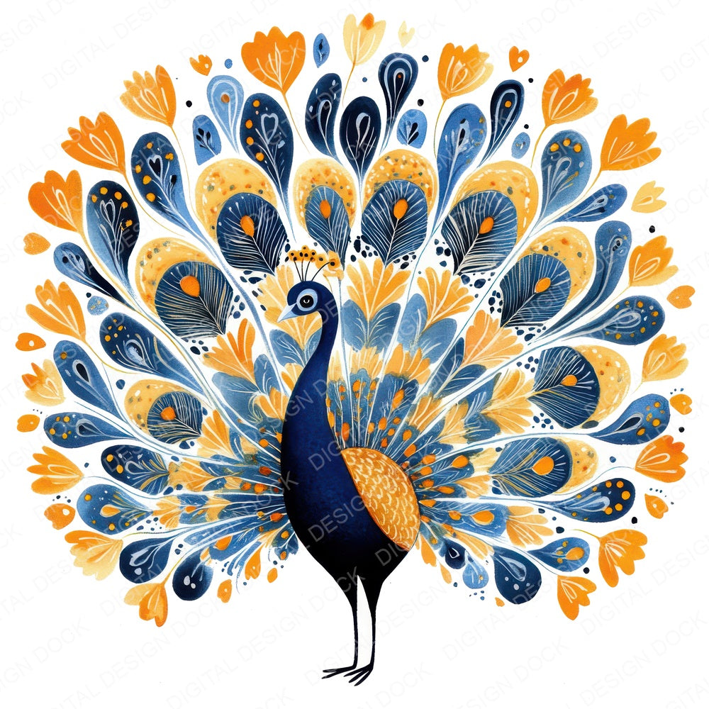 Folk Peacock with Florals fussy cut sheet in A4 format showing all 12 designs on one printable page