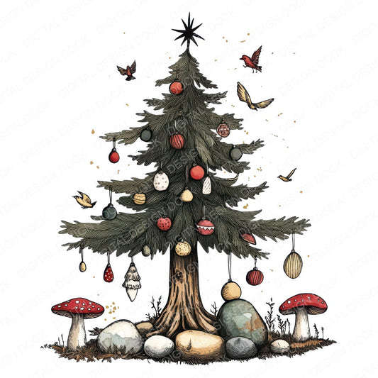 Folk Pine Tree Decorated fussy cut sheet in A4 format showing all 12 designs on one printable page