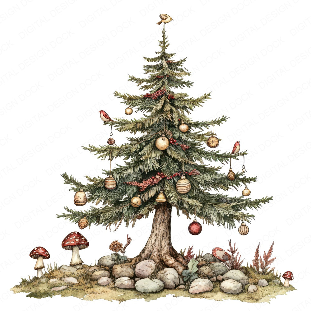Folk Pine Tree Decorated fussy cut sheet in US Letter format showing all 12 designs on one printable page