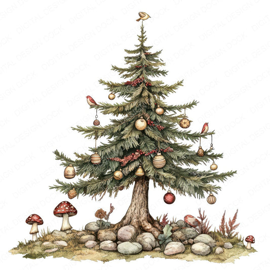 Folk Pine Tree Decorated fussy cut sheet in US Letter format showing all 12 designs on one printable page