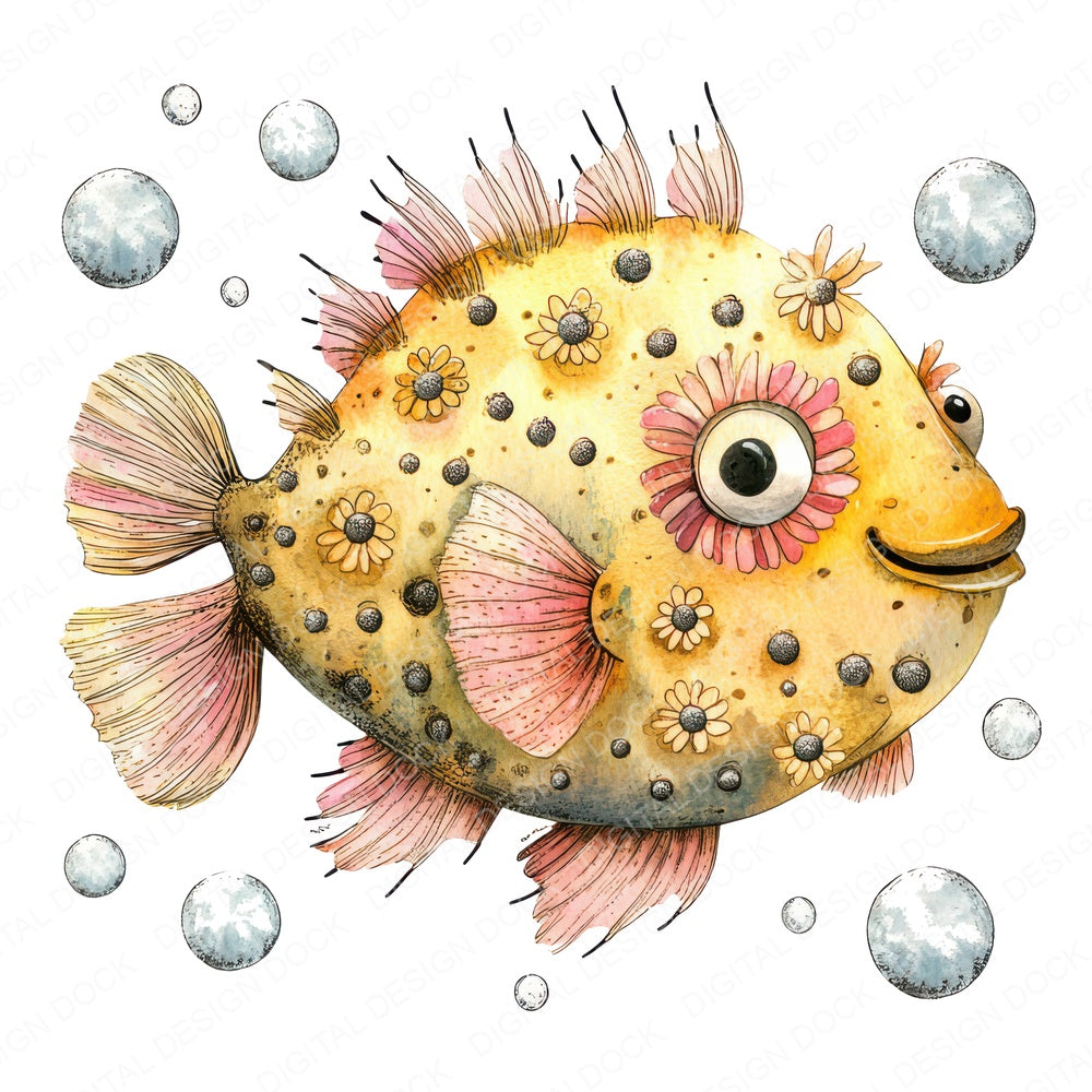 Folk Pufferfish Floral fussy cut sheet in A4 format showing all 12 designs on one printable page