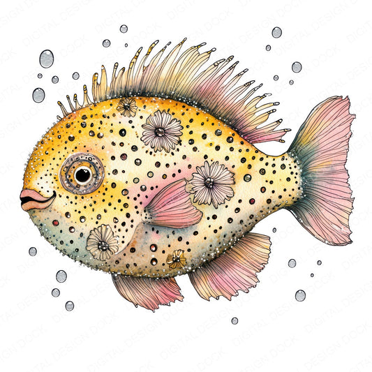 Folk Pufferfish Floral fussy cut sheet in US Letter format showing all 12 designs on one printable page