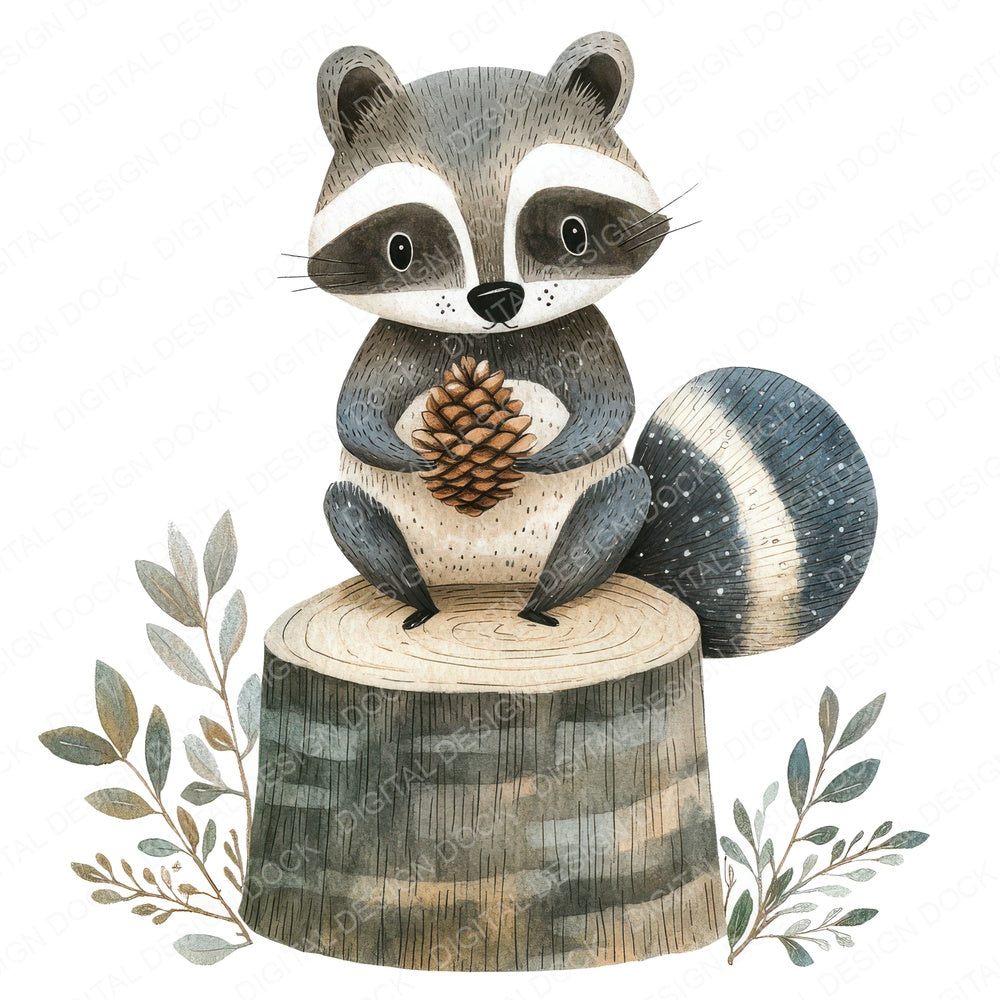 Folk Raccoon on Stump fussy cut sheet in A4 format showing all 12 designs on one printable page
