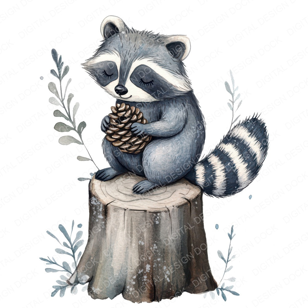 Folk Raccoon on Stump fussy cut sheet in US Letter format showing all 12 designs on one printable page