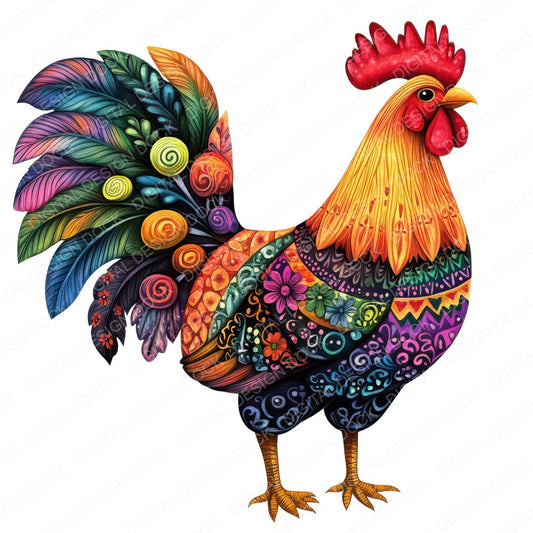 Folk Rooster with Florals fussy cut sheet in A4 format showing all 12 designs on one printable page