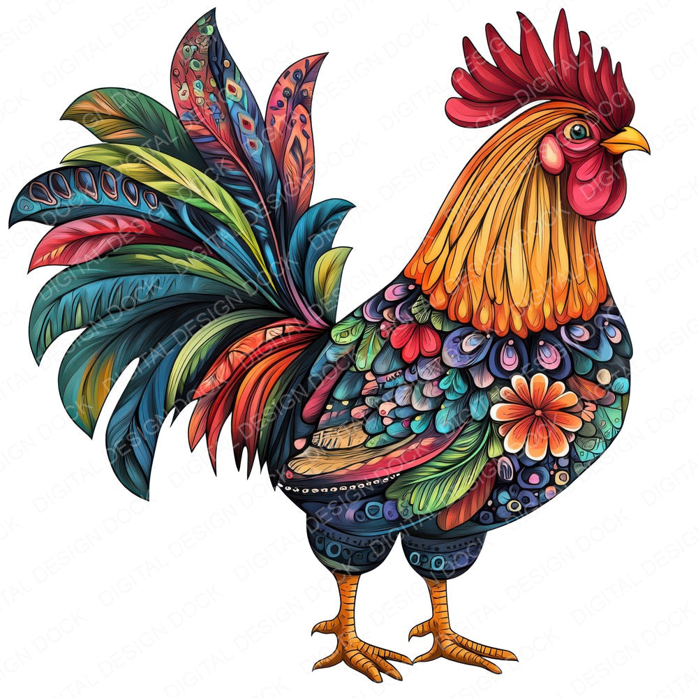 Folk Rooster with Florals fussy cut sheet in US Letter format showing all 12 designs on one printable page