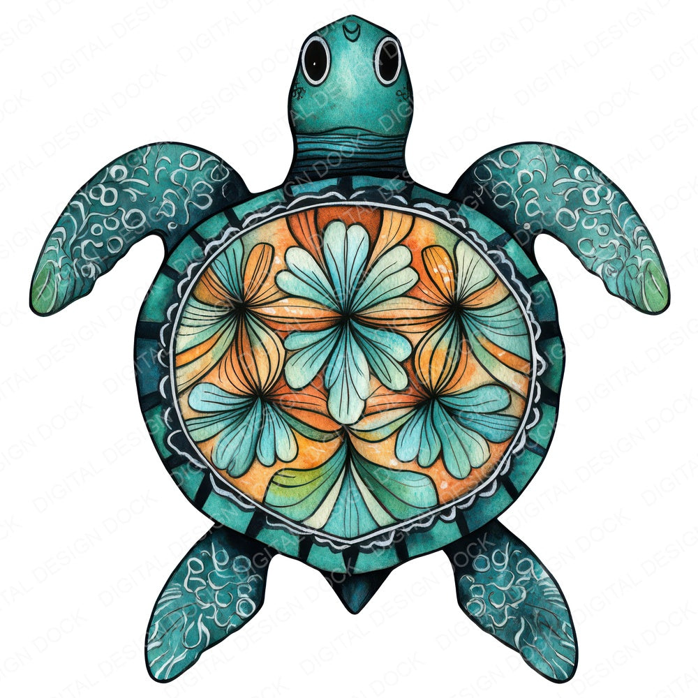Folk Sea Turtle Patterned fussy cut sheet in A4 format showing all 12 designs on one printable page