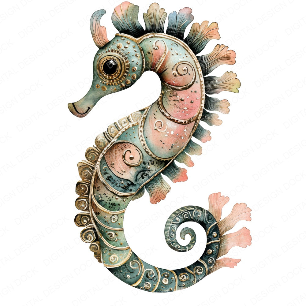 Folk Seahorse Coral Pattern fussy cut sheet in US Letter format showing all 12 designs on one printable page