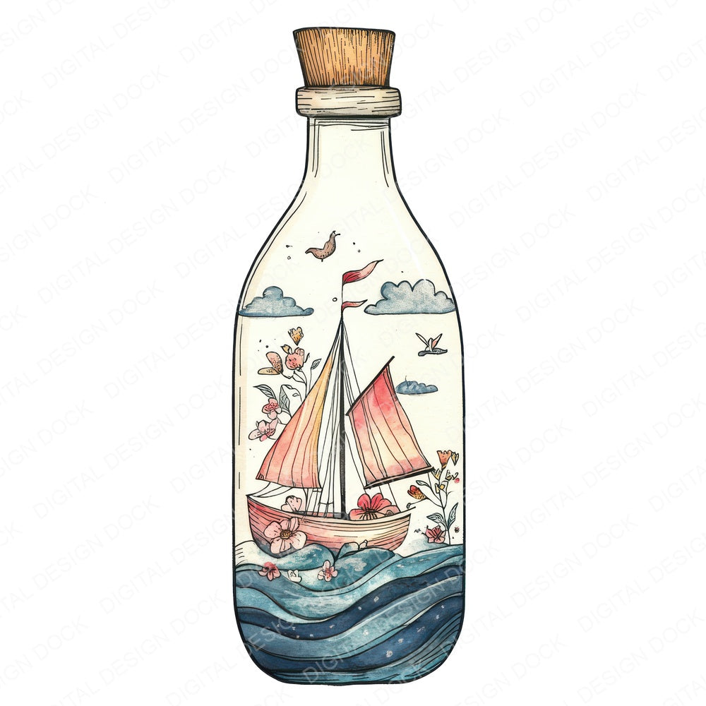 Folk Ship in Bottle fussy cut sheet in US Letter format showing all 12 designs on one printable page