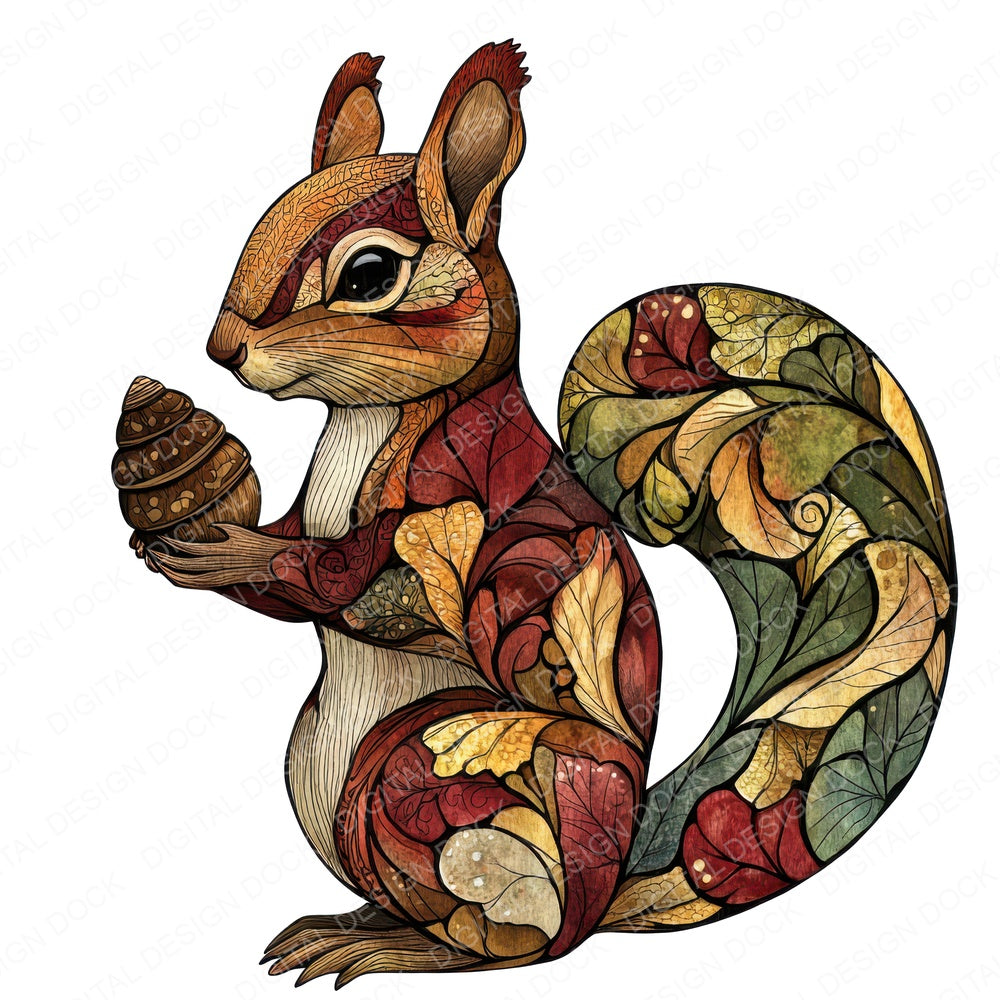 Folk Squirrel with Acorn fussy cut sheet in A4 format showing all 12 designs on one printable page