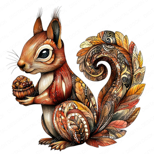 Folk Squirrel with Acorn fussy cut sheet in US Letter format showing all 12 designs on one printable page