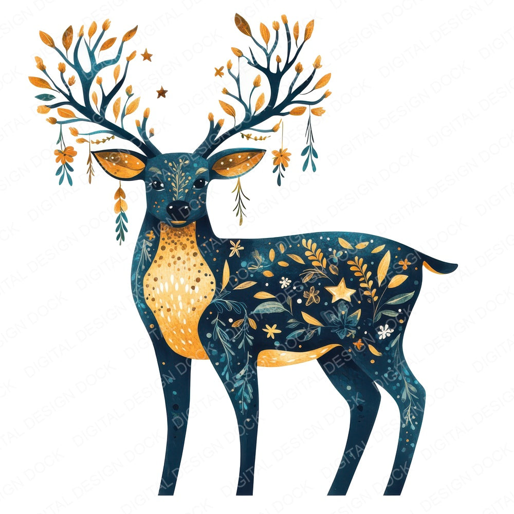 Folk Stag with Antlers fussy cut sheet in A4 format showing all 12 designs on one printable page