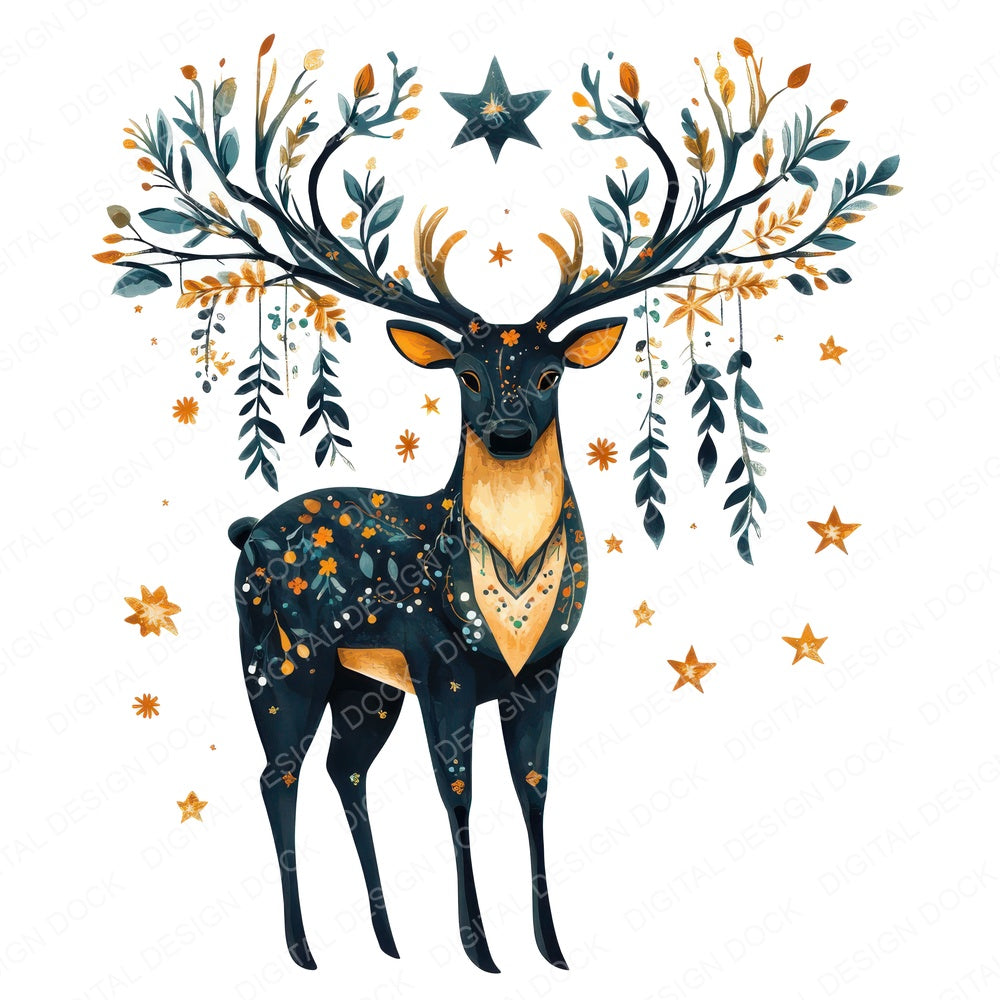 Folk Stag with Antlers fussy cut sheet in US Letter format showing all 12 designs on one printable page