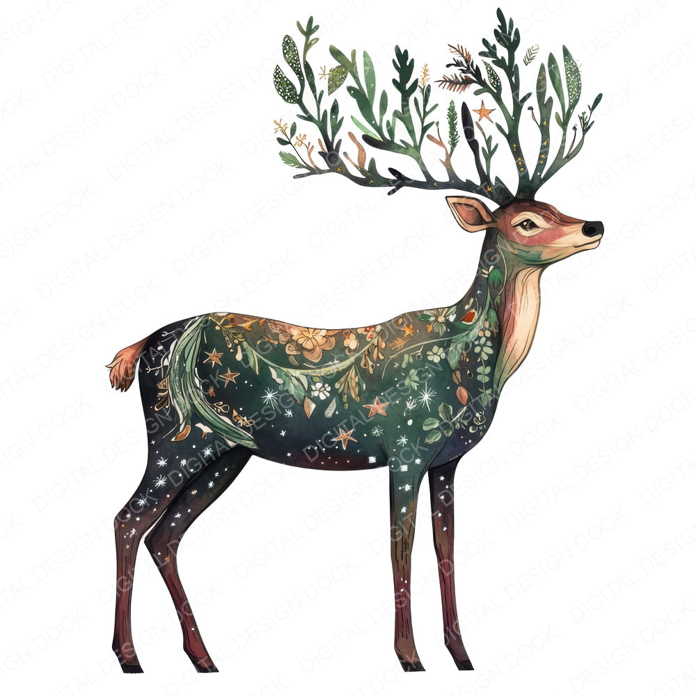 Folk Stag with Floral Antlers fussy cut sheet in A4 format showing all 12 designs on one printable page