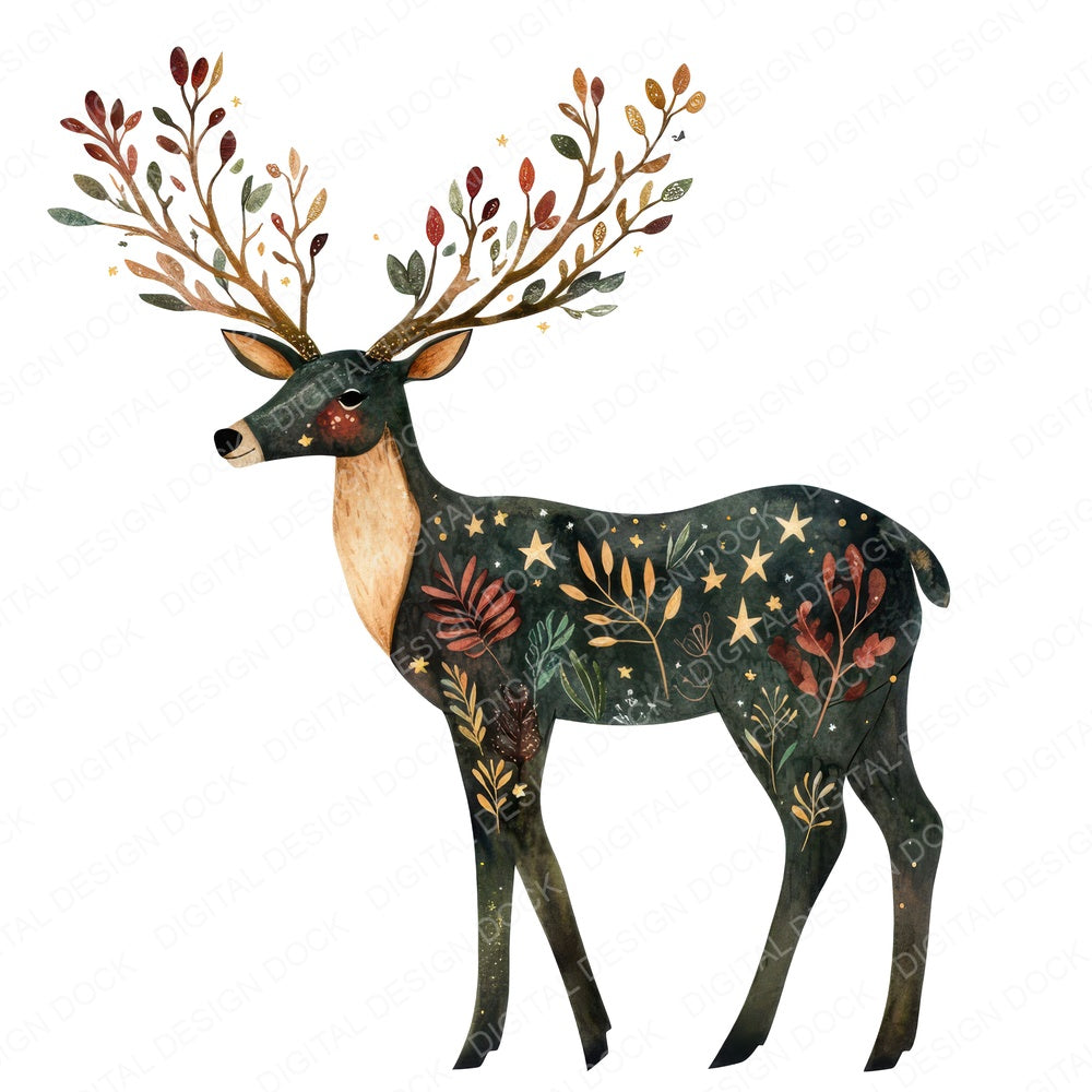 Folk Stag with Floral Antlers fussy cut sheet in US Letter format showing all 12 designs on one printable page