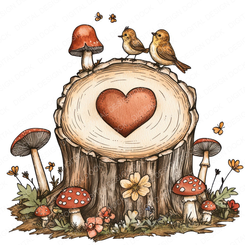 Folk Stump with Mushrooms fussy cut sheet in A4 format showing all 12 designs on one printable page
