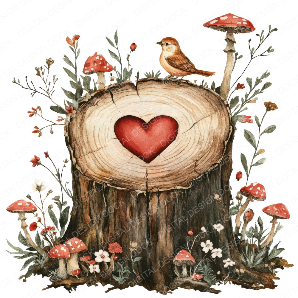 Folk Stump with Mushrooms fussy cut sheet in US Letter format showing all 12 designs on one printable page