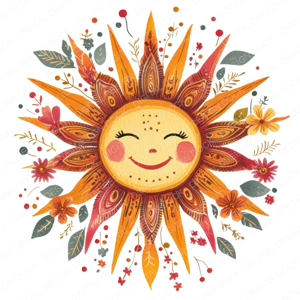 Folk Sun with Face fussy cut sheet in A4 format showing all 12 designs on one printable page