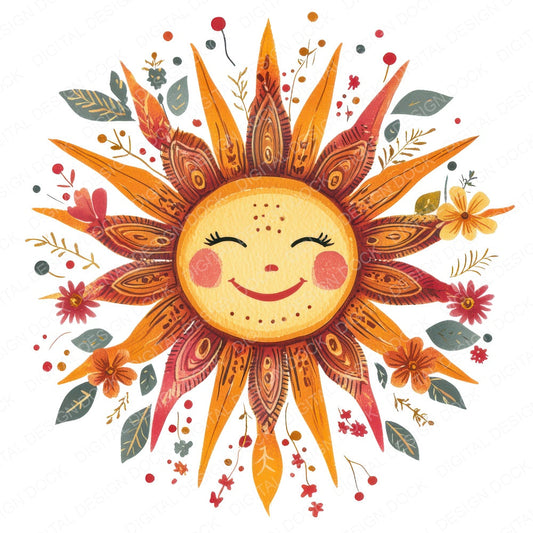 Folk Sun with Face fussy cut sheet in A4 format showing all 12 designs on one printable page