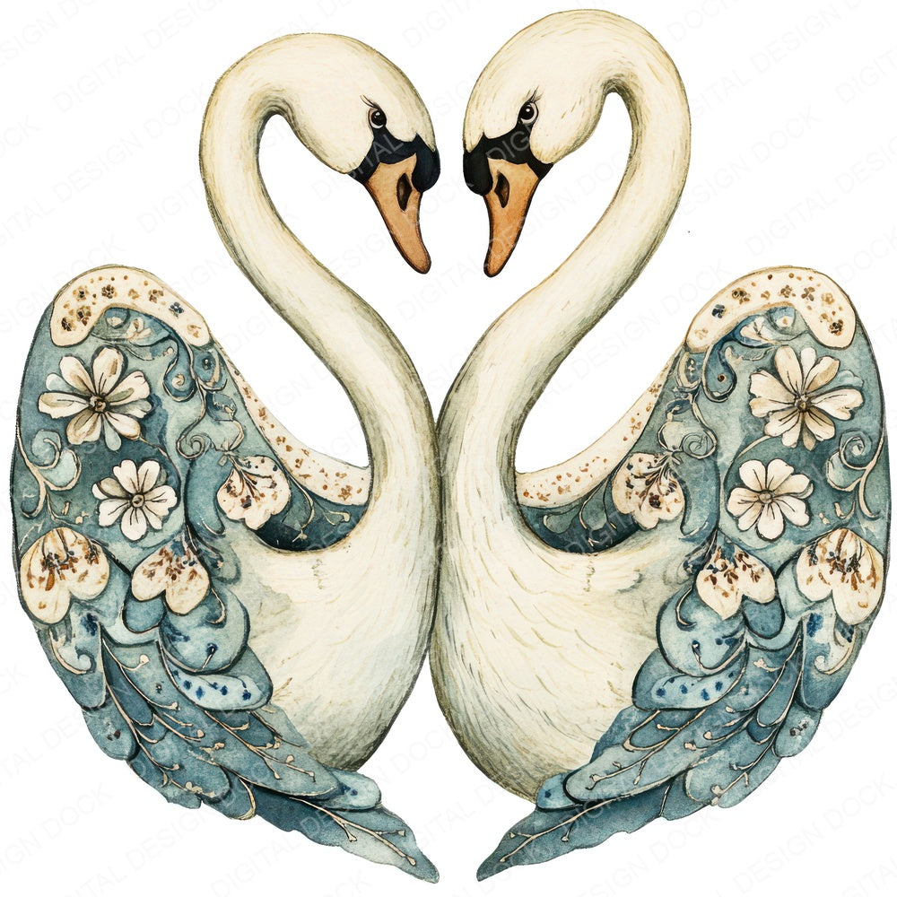 Folk Swans Forming Heart fussy cut sheet in US Letter format showing all 12 designs on one printable page