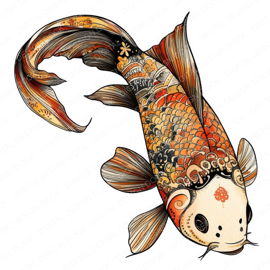 Folk Top View Koi fussy cut sheet in US Letter format showing all 12 designs on one printable page