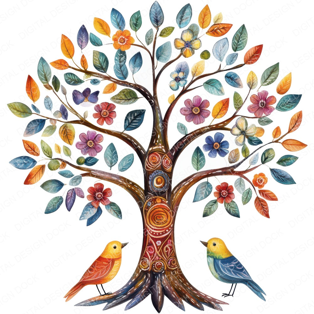 Folk Tree with Birds A fussy cut sheet in A4 format showing all 12 designs on one printable page
